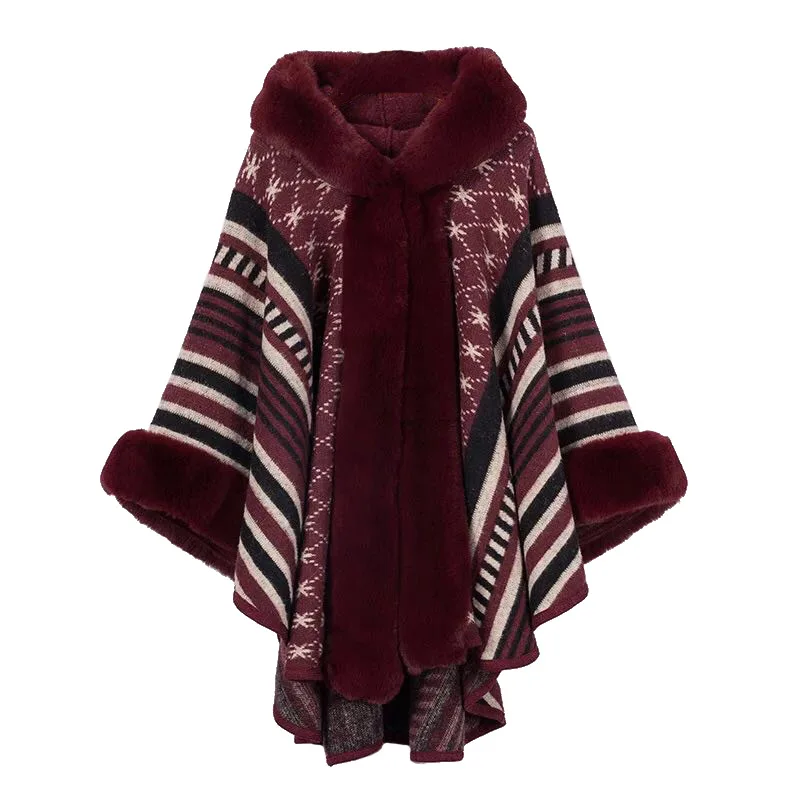 

2021 women imitation Rex Rabbit Fur Collar hooded knitted Cape coats ladies winter cape coat cape jacket ladies winter cape coat