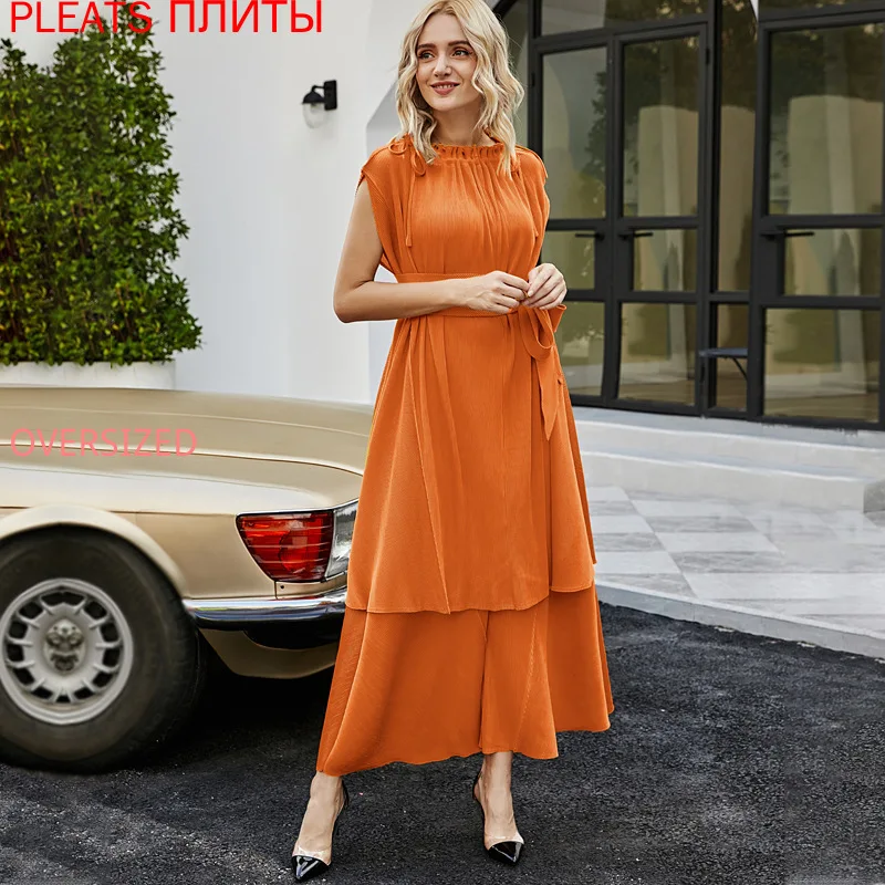 MIYAKE Pleats Spring New Party Lace Up Mid Length Top Loose Trousers Two Piece Set Women's Wide Leg Pants Set