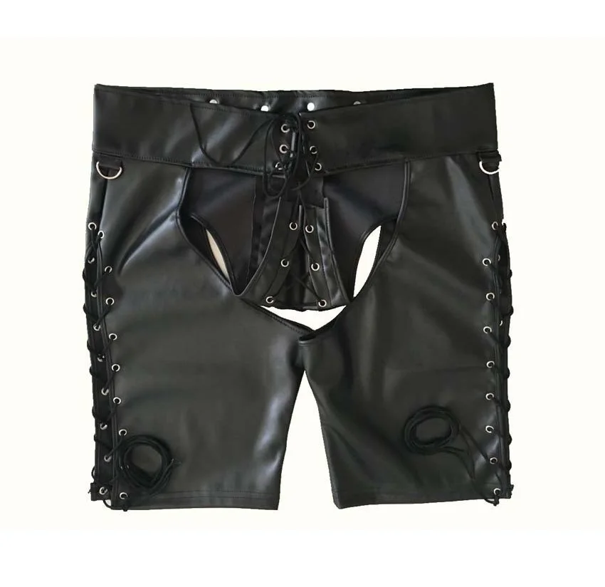 Мужские эротические шорты из лакированной кожи с открытой промежностью
