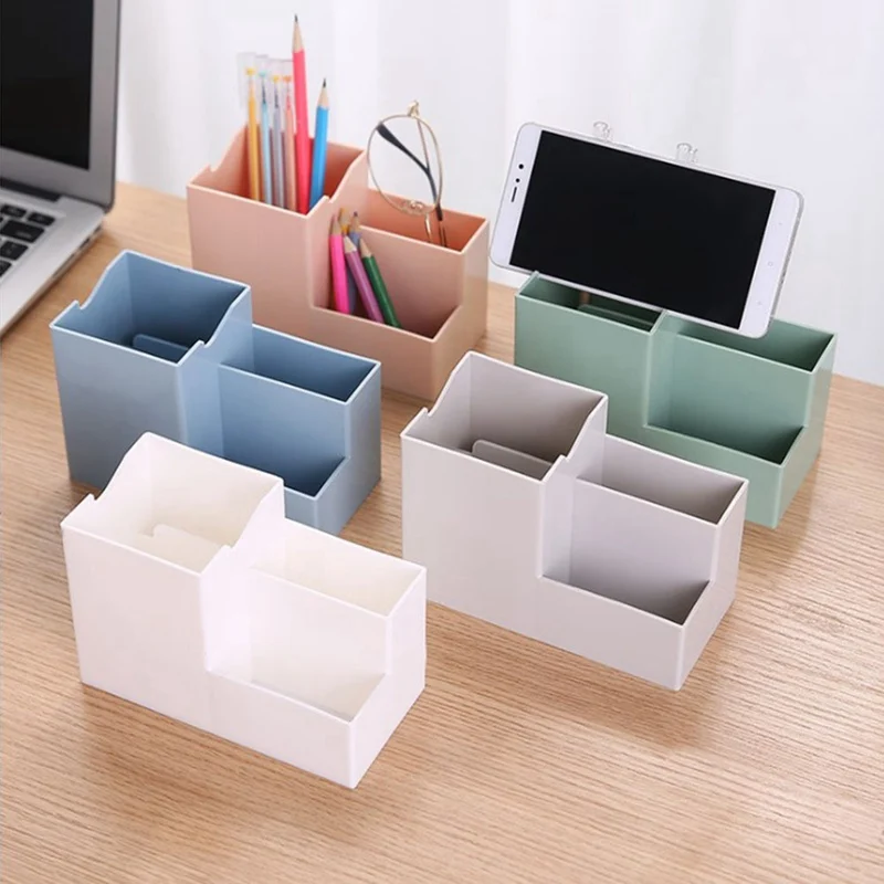 

Multi-function Desktop Pen Holder Office School Storage Case Colorful Plastic Box Desk Pen Pencil Organizer Mobile Phone Bracket