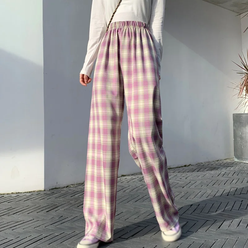 

Vintage Plaid Pants Elastic Waist Pants Women High Waist Plus Size Wide Leg Pant Casual Female Korean Trousers Harajuku Clothing