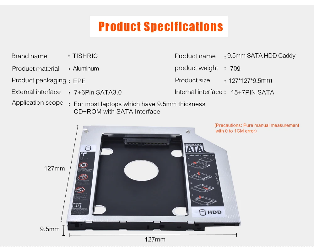 Tishric Универсальный алюминиевый 9,5 мм SATA 3,0 HDD Caddy 2," двойной светодиодный жесткий диск Enclosur адаптер DVD HDD для ноутбука DVD-ROM Optibay