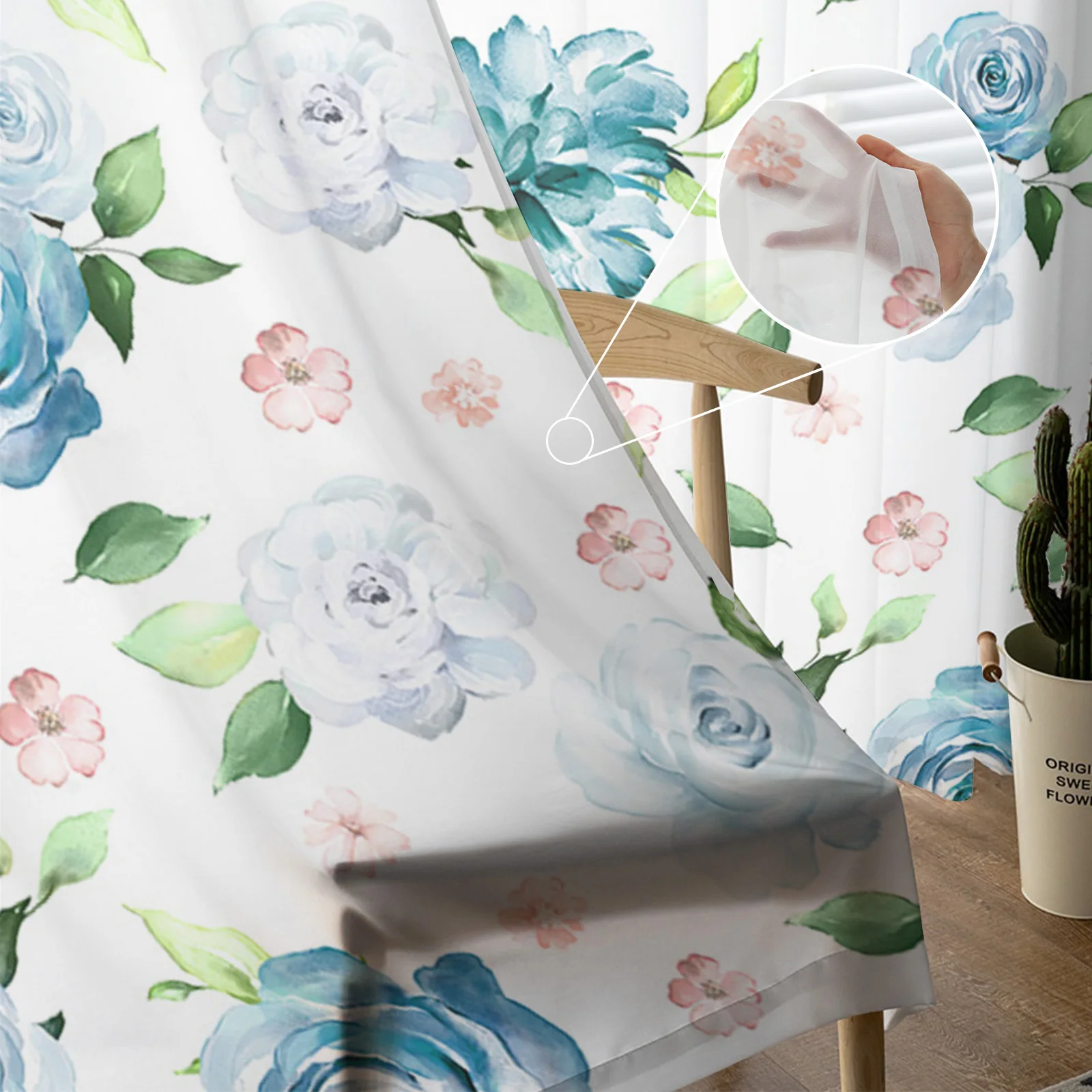 

Blue Watercolor Flowers Vintage Sheer Curtains for Living Room Bedroom Balcony Simple Printed Tulle Curtains