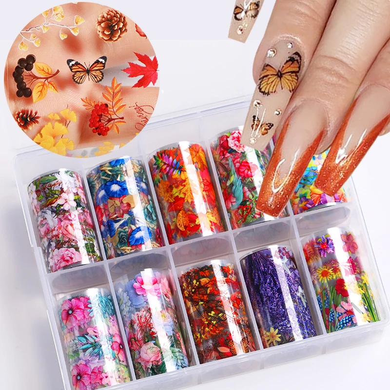 

10pcs Nail Foils Fall Design Maple Leaves Flower Golded Nail Sliders Snake Leopard DIY Decor Paper Nail Art Sticker Set