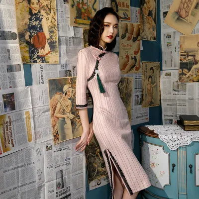 Sheng Coco Платья До Колена Qipao осенние Чонсам Qi Pao Женские китайские ретро семь с длинными рукавами таможенное платье Qipao - Цвет: pink short qipao