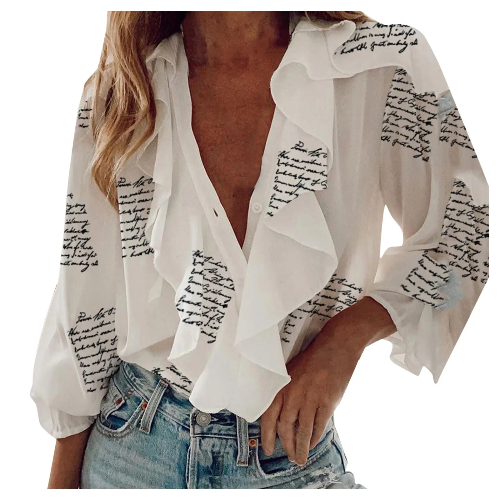 

Ruffle Letters Print Women's Blouses V-Neck Long-Sleeve Summer Ladies Tops Blouse Cotton Western Style Casual Femme Top Clothes