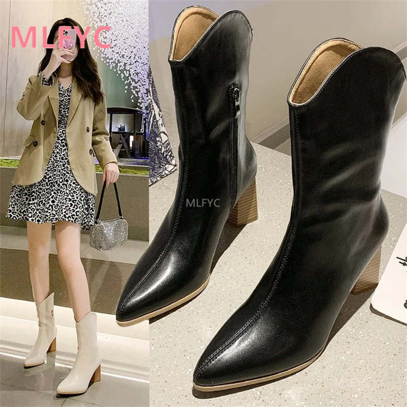 

2021 autumn winter new pointed thick heel short boots side zipper mid-heel Martin boots women's thin high-heeled leather boots