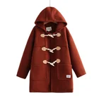 Женские прямые длинные пальто с капюшоном, зимняя куртка из смешанной шерсти с длинными рукавами и пуговицами-рогами, теплая верхняя одежда в стиле преппи, 2021