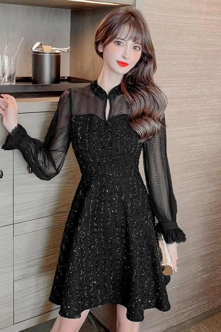 

COIGARSAM Vintage Patchwork Women one-piece dress korean New Lace High Waist Dresses Red Black 602