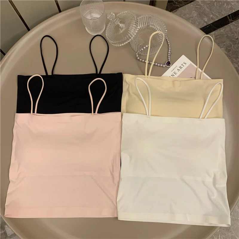 Шелковый топ на бретельках женский простой нижнее белье тонкий бесшовный без