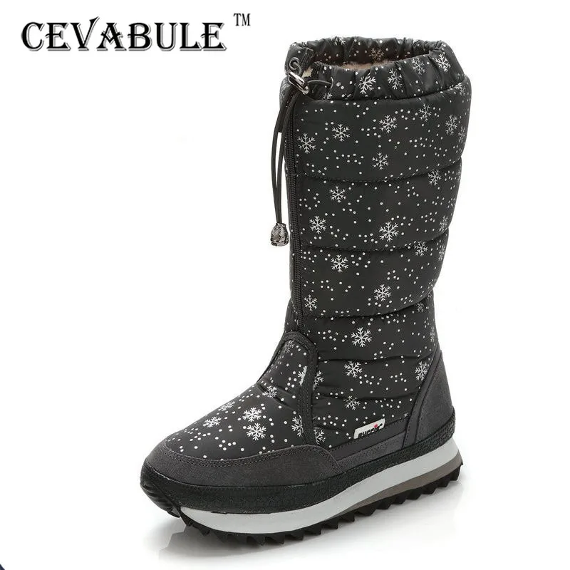 Женские высокие сапоги CEVABULE черные теплые до колена на платформе с плюшевой