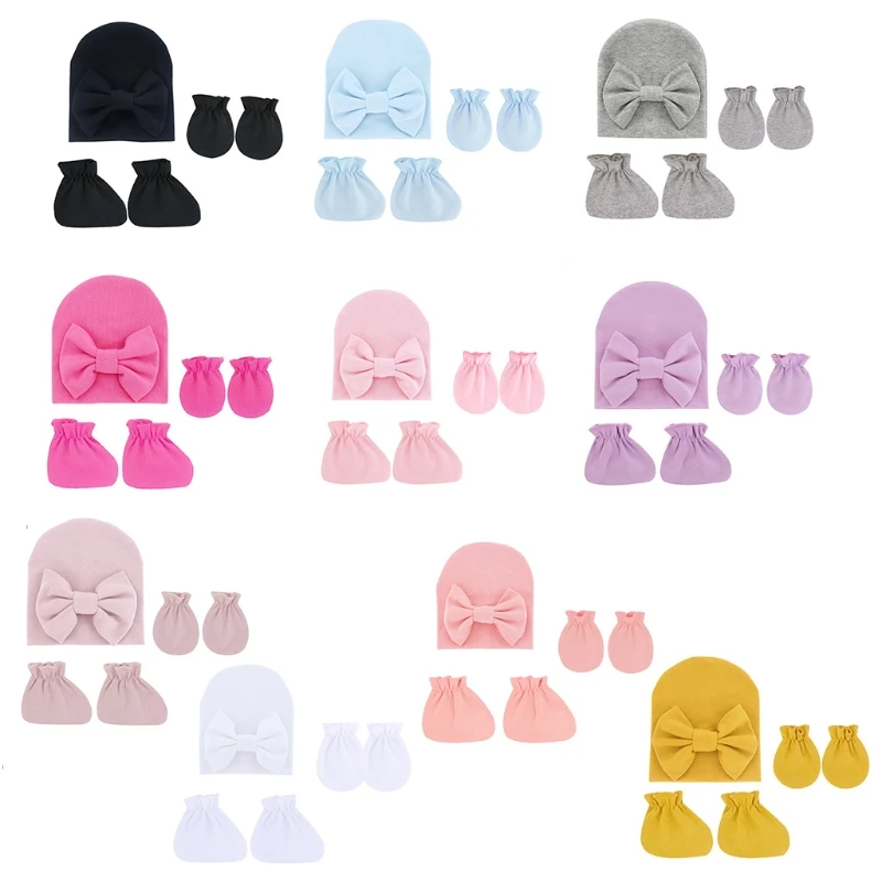 

Baby Bowknot Hat No Scratch Gloves Foot Cover Set Infants Soft Cotton Mittens Beanies Socks Kit for Newborn G99C