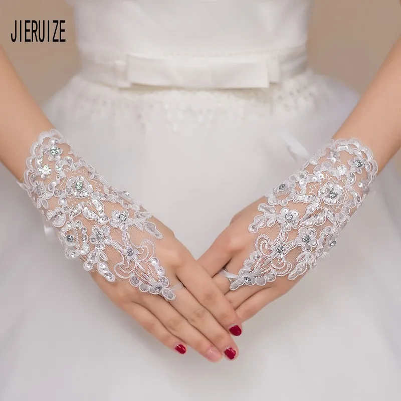 

JIERUIZE Gorgeous Bridal Gloves Crystal Rhinestone Red White Short Lace Wedding Gloves Wedding Accessories