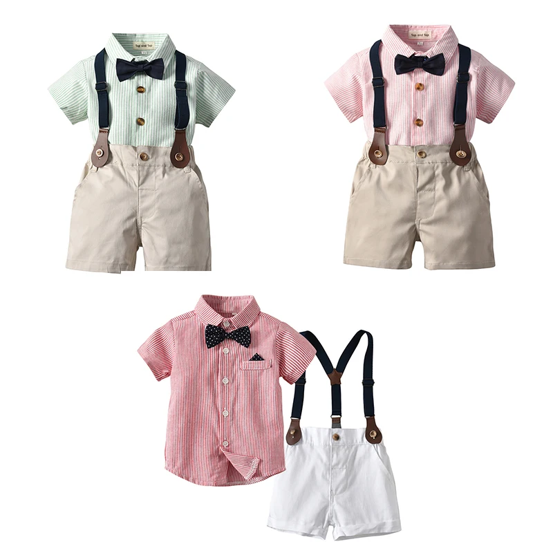 

Summer New Children's Suit Boys' Gentleman's Bow Tie Suspender Suit Birthday Party Trend Lapel Short Sleeve Shorts 2Pcs 1-5Years