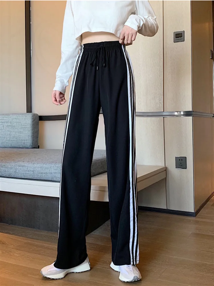 

POUNGDUDU 2021 Spring Hot Women's Pants Wide Leg Pants Strip Sweatpants Elastic Waist Female Trousers Oversize Office Lady Loose