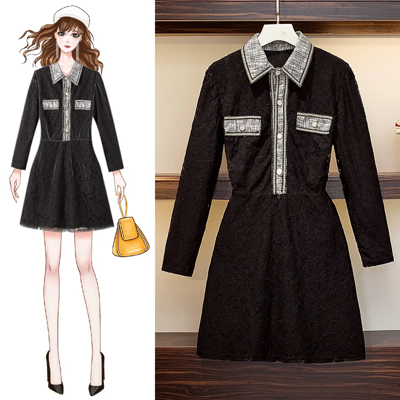 Женское кружевное платье-рубашка черно-белое повседневное элегантное модное