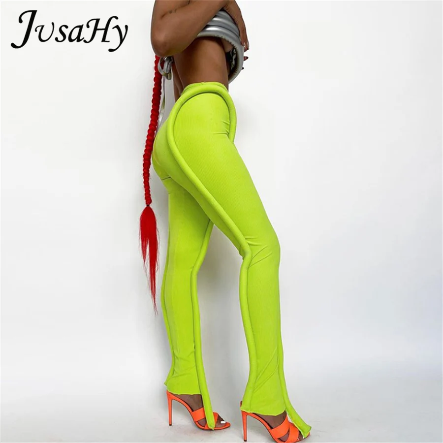 

JuSaHy Y2K Foam Splicing Ribbed Solid Foot Pants for Women Fashion High Waist Skinny Stretchy Trousers Casual High Streetwear