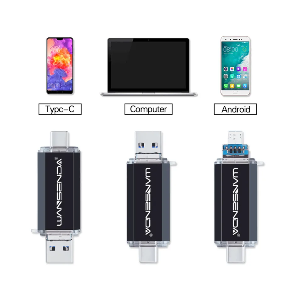 WANSENDA OTG USB флеш-накопитель 3 в 1 0 & Type C Micro usb Флешка 32 Гб 64 128 ГБ 256 512