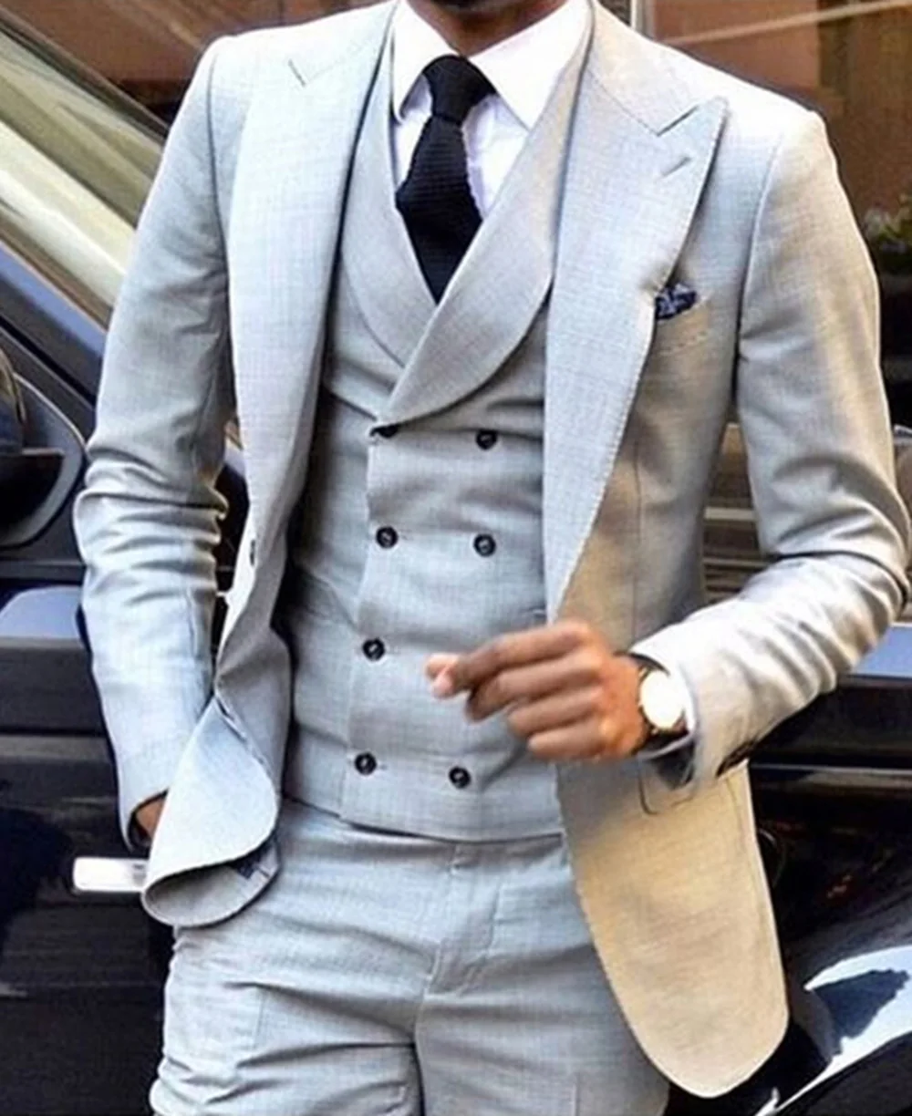 Solovedress 3 Piece New Mens Formal Suit Wear Tuxedo Slim Fit Double Breasted Groom Vest Tux Jacket Pants Peak Lapel Grey M12