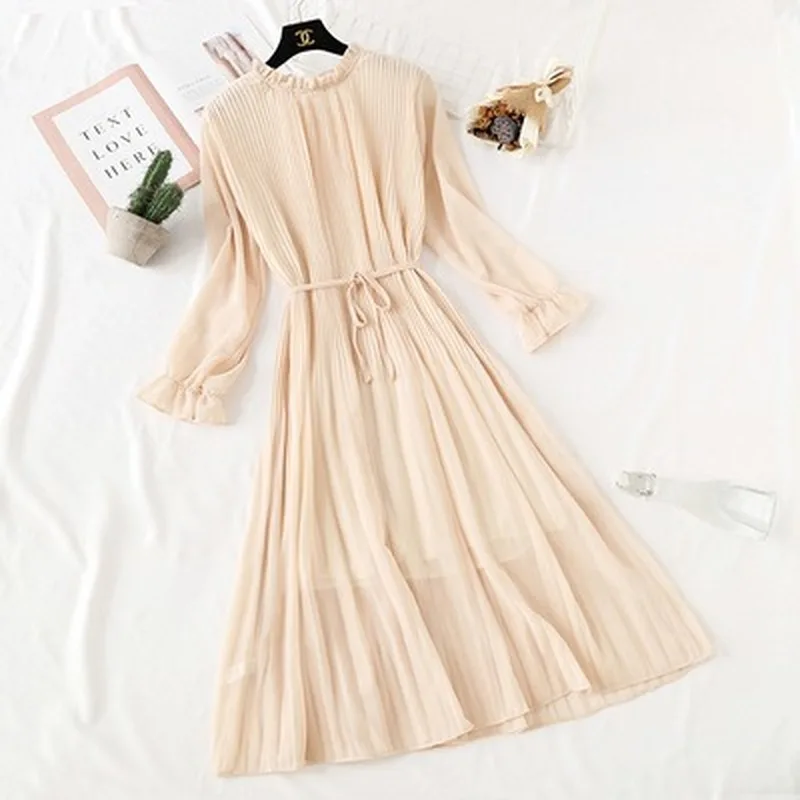 

Print Pleated Chiffon Floral Dress Fashion Female Casual Flare Full Sleeve Lotus Leaf Spring Summer New Hot Women Sash Robes