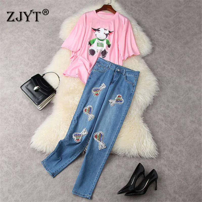 High Street Fashion Summer Casual Outfits Women Designers Cartoon Loose T Shirt and Bead Jeans Pants Suit 2 Piece Clothing Set