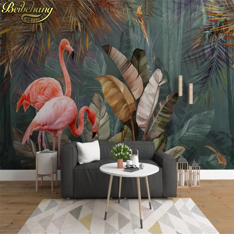 

beibehang Custom 3D Mural Wallpaper Tropical Plant Forest Banana Leaf Flamingo Photo Wall Papers Home Decor For Living Room