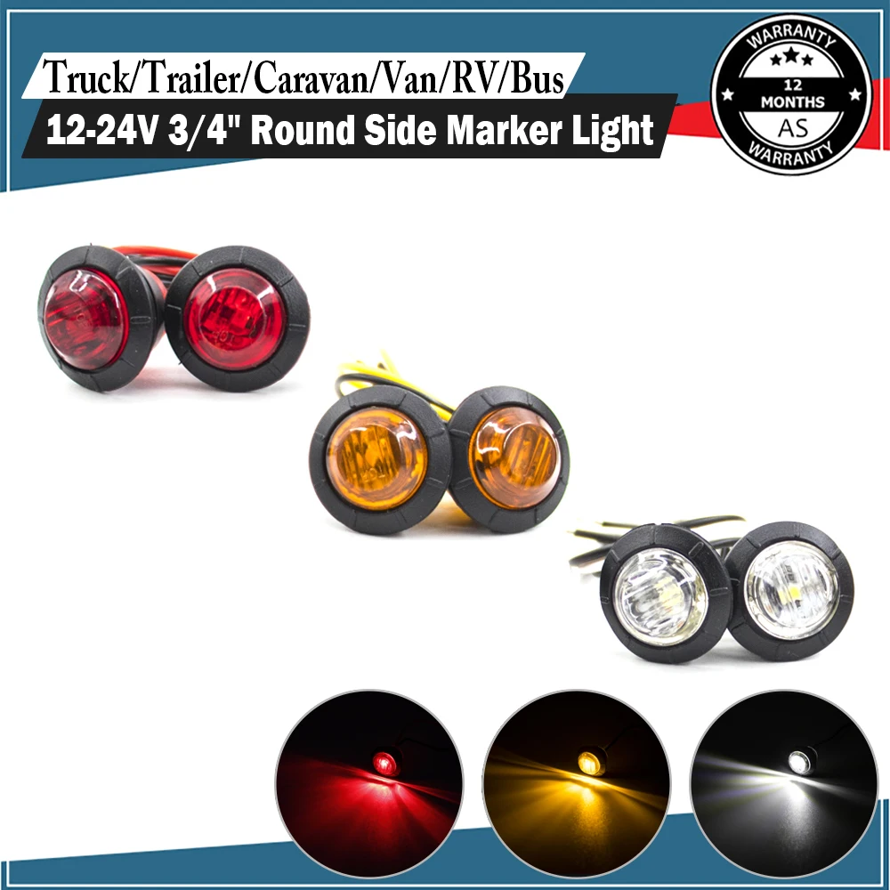 

12V/24V Round LED Sealed 3/4" Side Marker Light Turn Signal Clearance Indicator Lamp Truck Trailer Lorry Caravan Amber Red White
