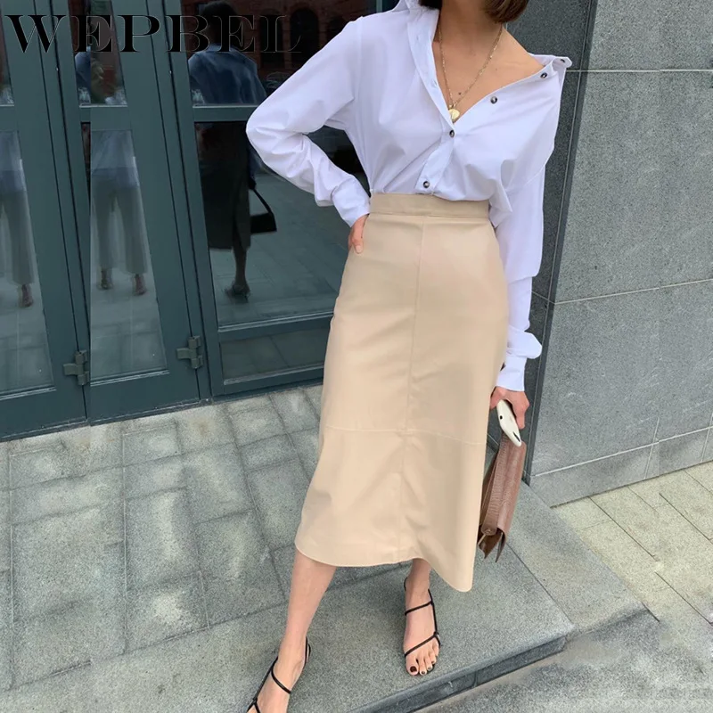 

Mandylandy Women Autumn Spring Elegant High-Waist PU Leather Skirt Lady Solid Color Mid-Calf Office Lady Straight Slim Fit Skirt