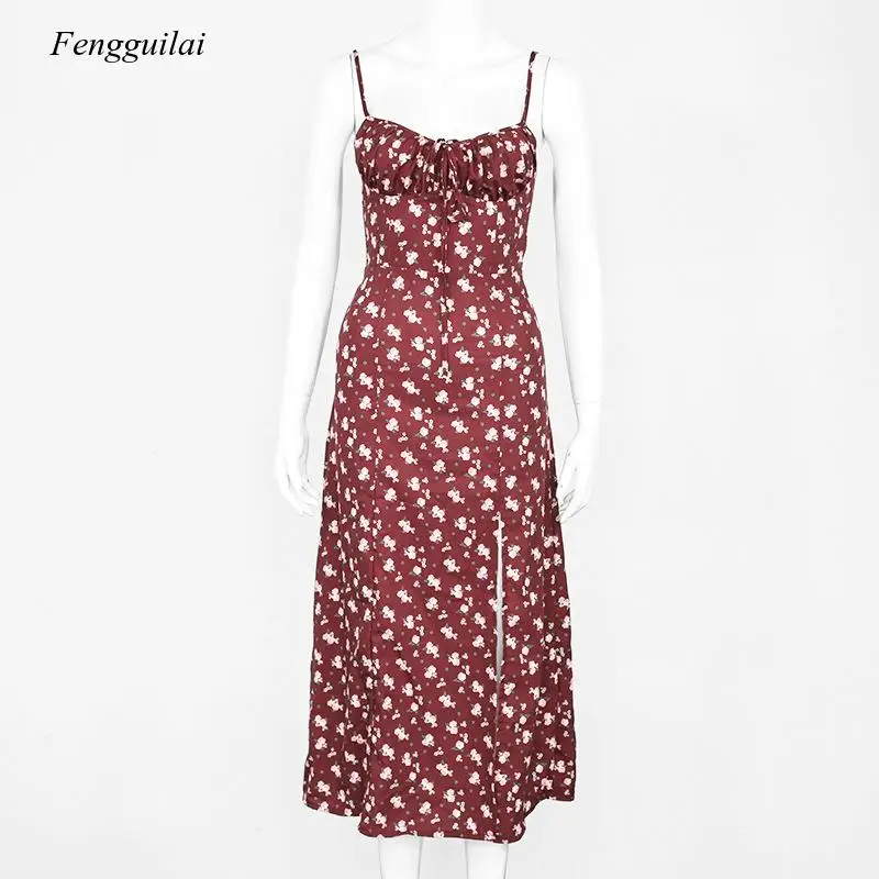 

Women Summer Style 2021 New Arrivals Spaghetti Strap Lace-Up Print Floral High Split Pleated Night Club Sexy Party Dresses