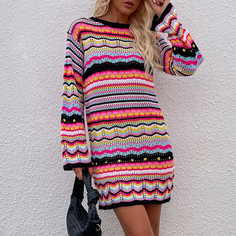 

Rainbow Ribbed Knitted Dress for Women Autumn Retro Sweater Hollow Out Long Sleeve Dresses Striped Pullover Female 2023 Knit Top