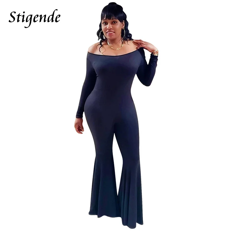 

Stigende Casual Solid Color Flare Leg Jumpsuit Women Long Sleeve O Neck Overalls Patchwork Bell Bottom Pants