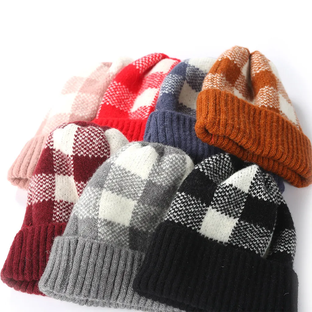 Женская зимняя шапка плюс бархатная Толстая клетчатая вязаная теплая для