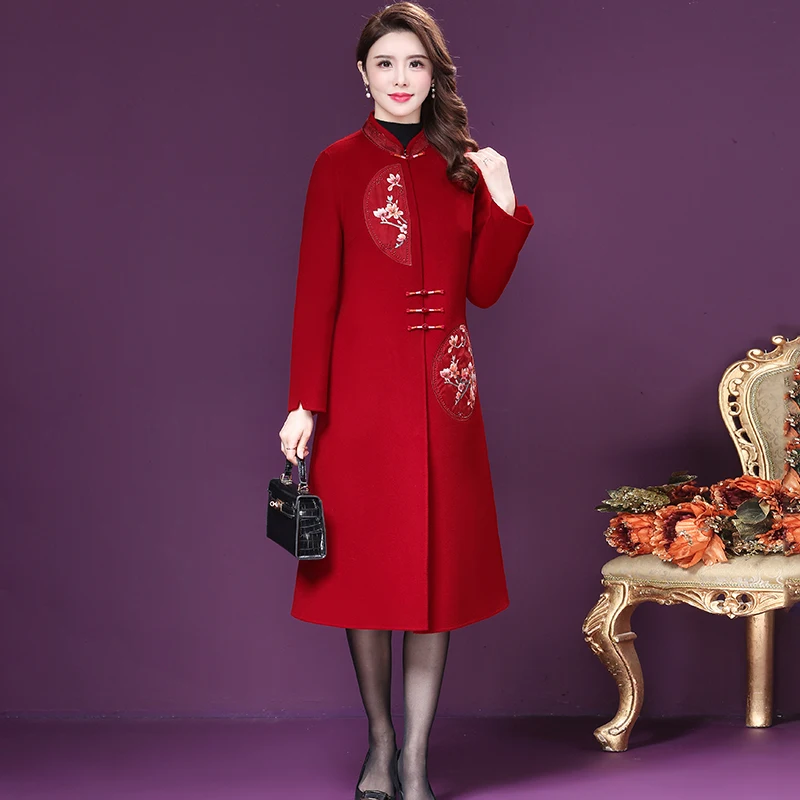 Осень-зима 2021 женское длинное красное шерстяное пальто с вышивкой женская