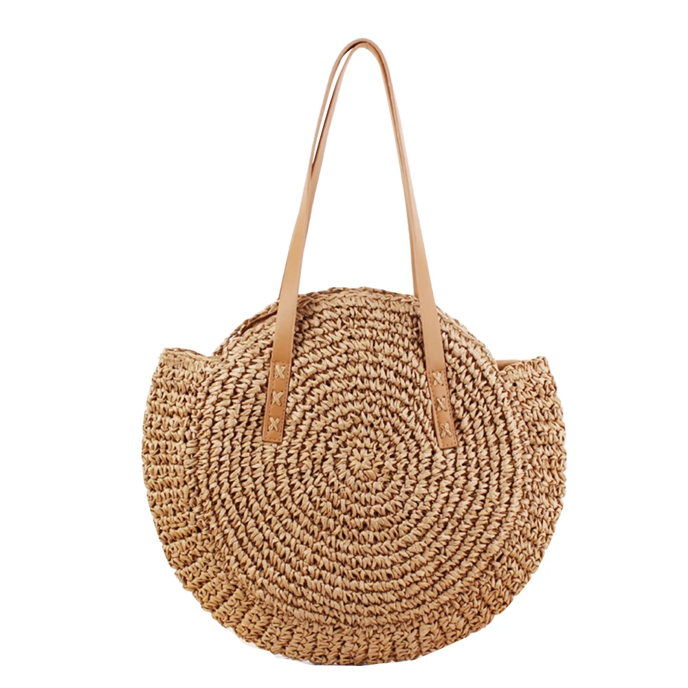 

Women Crochet Vintage Straw Single Shoulder Lovely Summer Hand Woven Pouch Beach Bag Round Girls Cute Purse Fashion Handbag
