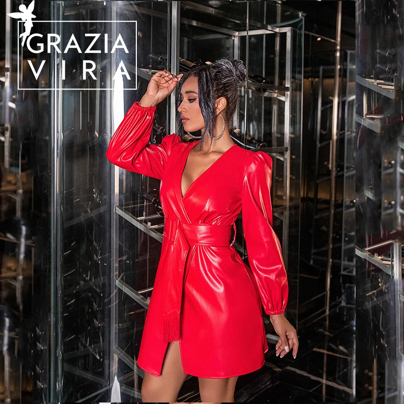 

GRAZIA VIRA Designer Women Jacket Pu Leather Red Dress Long Sleeve V-neck Blazer Dress with Belt Sexy Mini Trendy Autumn Dress