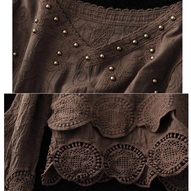 

2021 Spring Lace Cotton Art Retro T-shirt Ladies Fashion Beaded V-Neck Irregular T-Shirt Ladies Long Sleeve Loose Casual Top