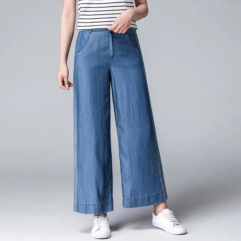 Женские свободные брюки синие модные джинсовые в стиле пэчворк с широкими