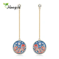 hongye new round pearl drop earrings for women blue lacquer circle fashion zircon punk long metal chain jewelry brincos 2020
