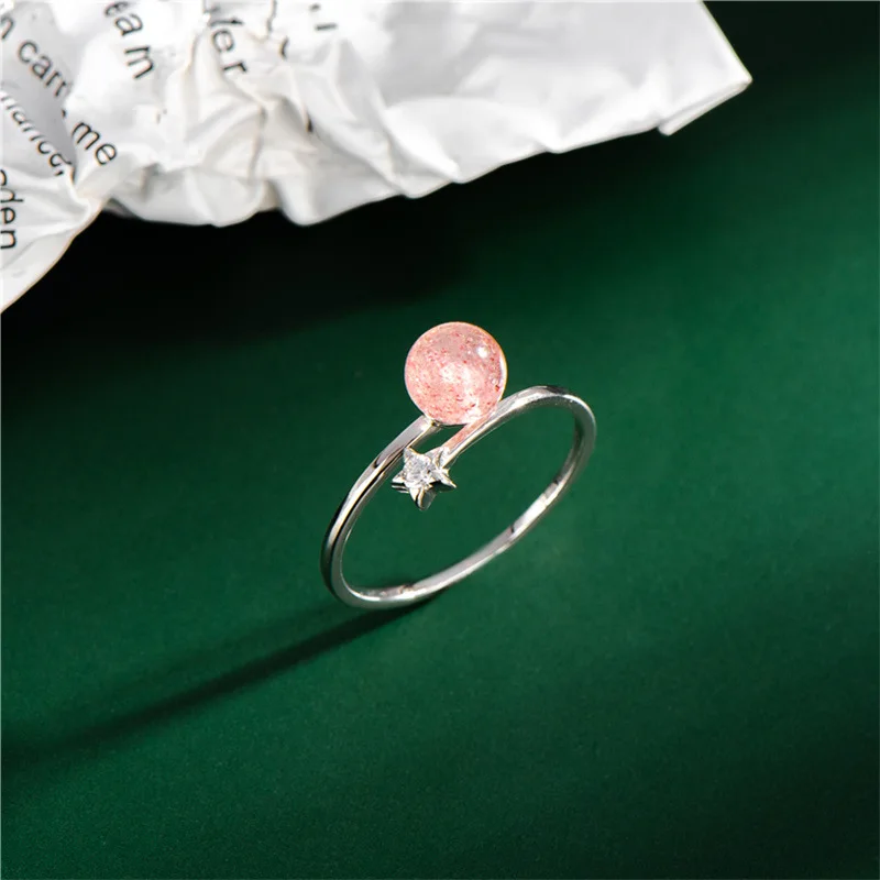 

SODROV Sterling Silver 925 Sweet Strawberry Crystal Ring Feminine Pink Crystal Open Ring Fine Jewelry for Women 925 Ring