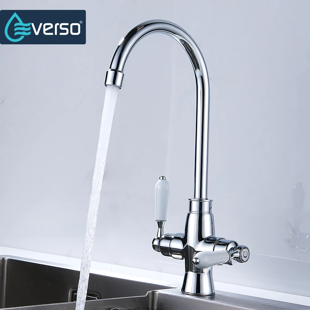 

Everso Double Holes Flexible Kitchen Faucet Mixers Sink Tap Wall Kitchen Faucet Hot and Cold Water Kitchen Tap