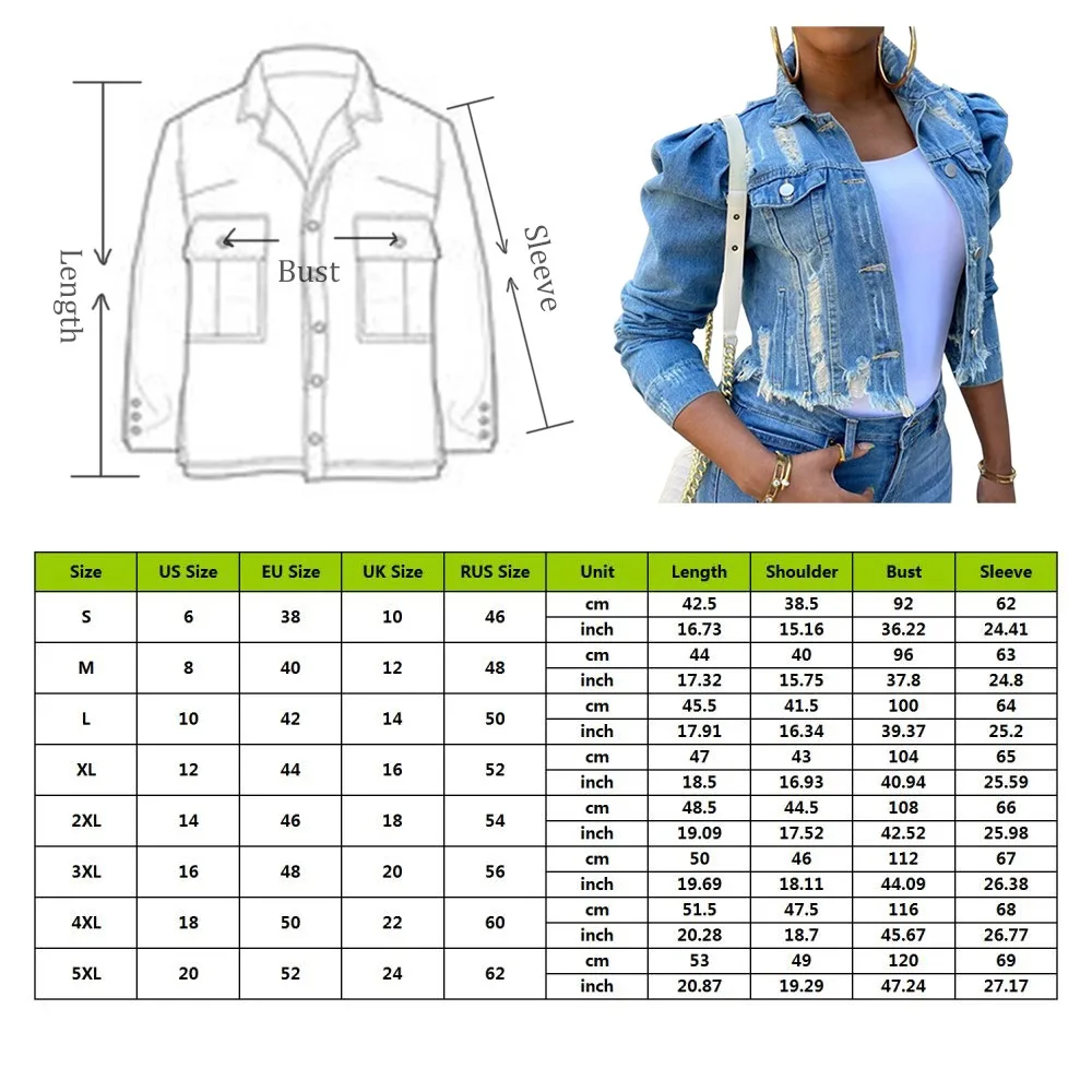 

Autumn Women Sexy Ripped Denim Jackets 2021 Vintage Casual Short Jean Jacket Puff Sleeve Winter Female Coat Streetwear Plus Size