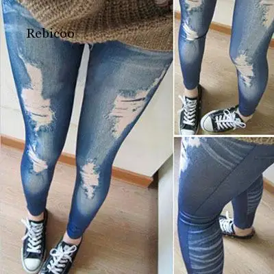 

Women Fashions Destroyed Leggings Jeans Look Jeggings Stretch Skinny Laddy Jeans Black/Blue Leggings New
