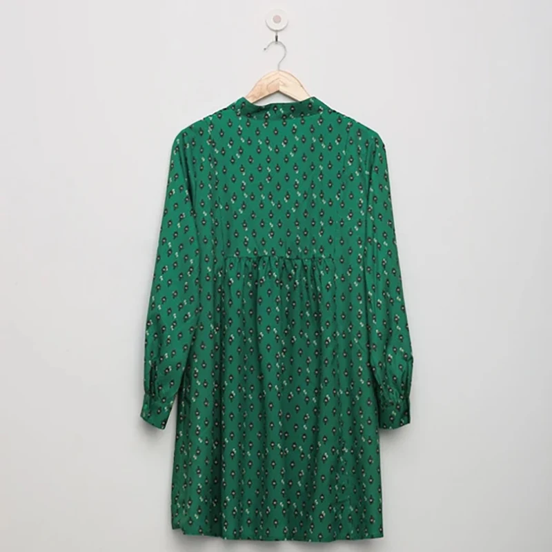 

Vintage V Neck Casual Dresses For Women 2021 Spring Fall Long Sleeve Green Print Button Patchwork Oversize Hem Beach Mini Dress