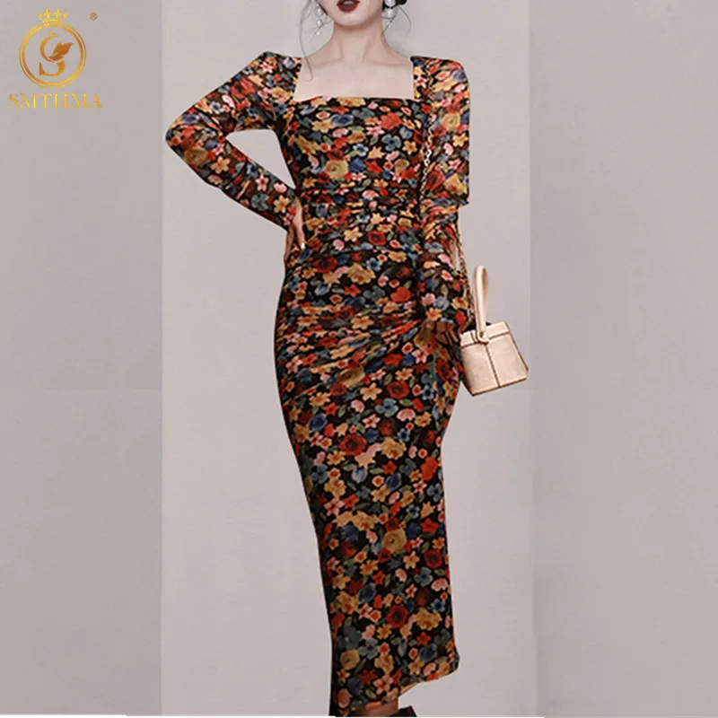 

SMTHMA 2021 Новое весеннее Сетчатое платье средней длины с квадратным вырезом и принтом женское винтажное элегантное платье с длинным рукавом