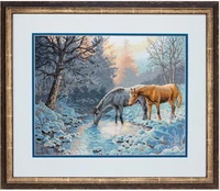 egypt cotton beautiful lovely counted cross stitch kit frosty morning winter snow two horses drink in the river dim 35294