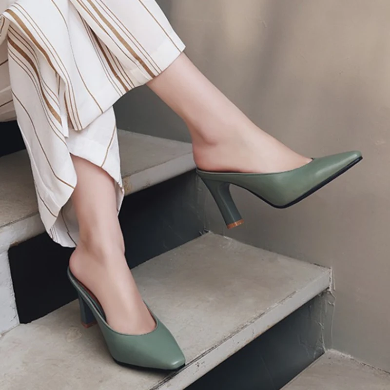 Мюли женские на высоком каблуке пикантные сандалии брендовые дизайнерские