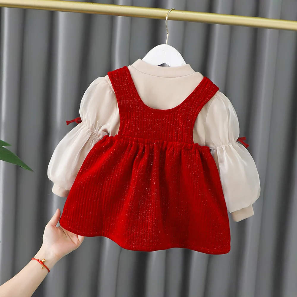 Фото Модный комплект одежды для маленьких девочек, Бархатные Топы с рукавами-фонариками + платье, детские зимние элегантные костюмы для девочек, детская одежда №2