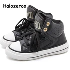 Кроссовки детские из натуральной кожи, высокие спортивные, брендовые, черные, на осень