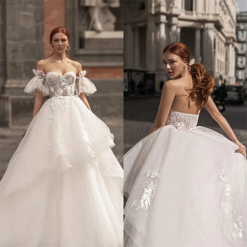 

Summer A-Line Wedding Dress Sexy Strapless Soft Boho Appliqued Lace Bridal Gowns Sweep Train Modern Customize Robe De Mariée