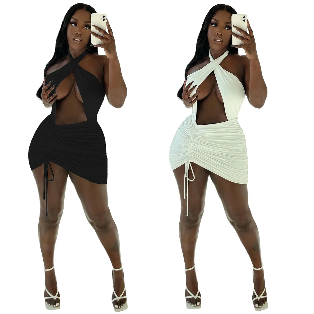 

Echoine Wrap Halter Backless Mini Dress Drawsting Pleated Stacked Sleeveless Black Party Sexy Dresses Skinny Fitness Clubwear